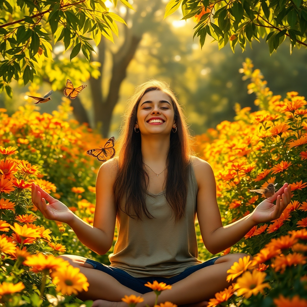 A person with a blissful smile meditating in a lush garden filled with vibrant flowers. Golden light filters through the trees, creating a warm and inviting atmosphere. The individual is surrounded by symbols of peace and tranquility, such as butterflies and birds. Capture the feeling of inner joy and contentment through the composition and lighting. Focus on the details of the flowers and the textures of the leaves. The color palette is dominated by warm yellows, greens, and oranges. The overall style should be photorealistic, emphasizing the natural beauty of the scene. This should reflect someone's youthful approach to life.